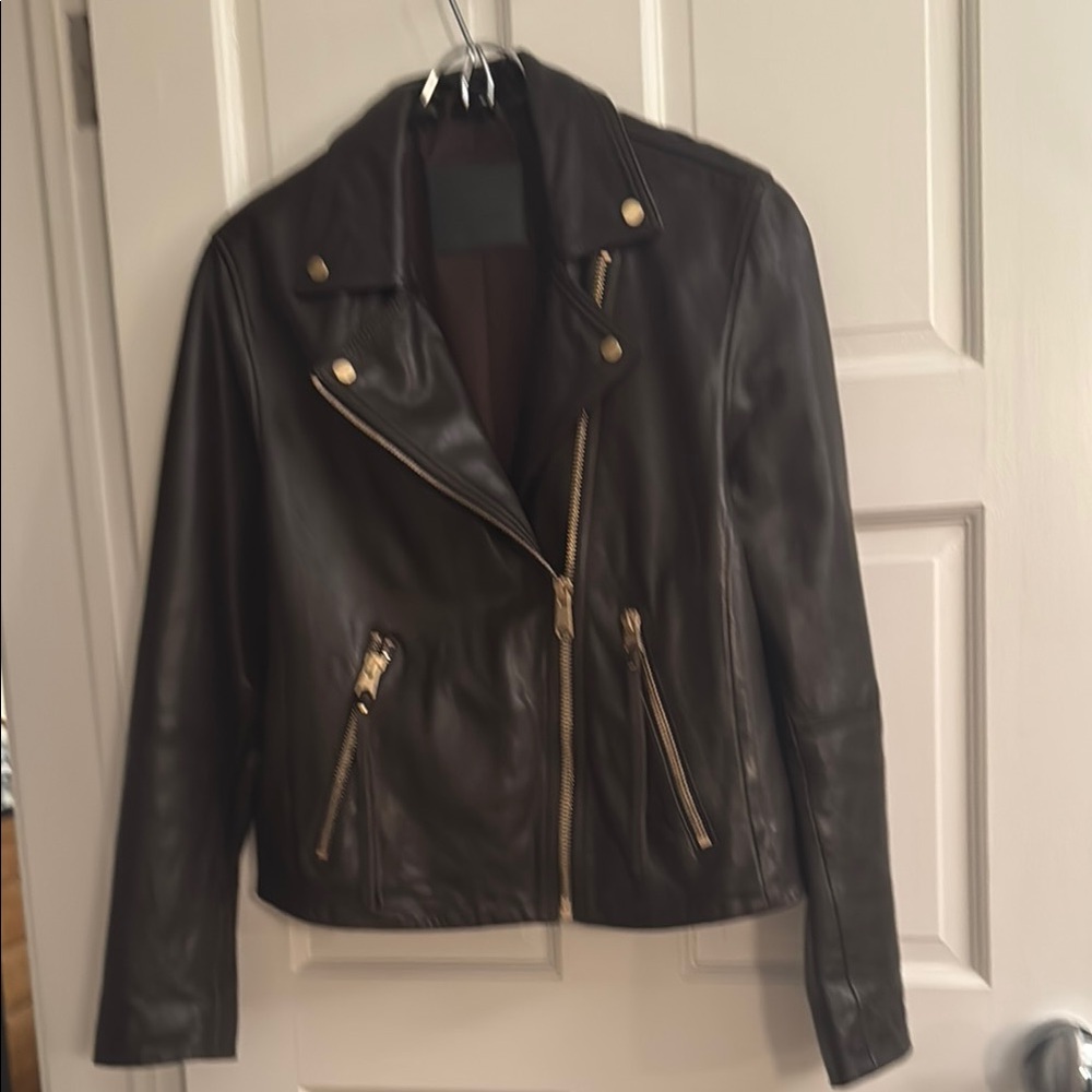 All Saints Brown Leather Moto Jacket Asymmetrical Design